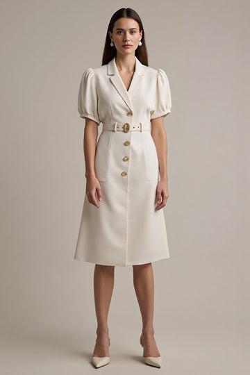 A Line Ivory V-Neck Work Dress with Belt